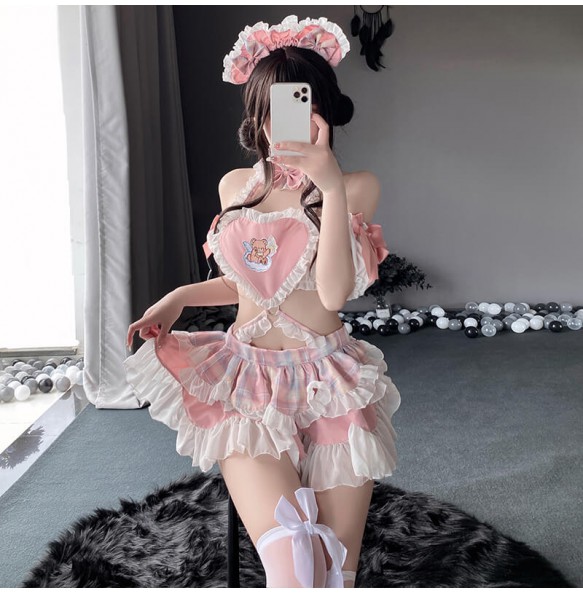 FEE ET MOI - Cute Maid Heart-Shaped Backless Dress With Stockings (Pink - White)